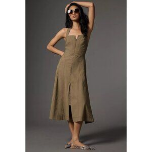 Anthropologie Size L Olive Green Sleeveless Halter Zip-Front Corset Midi Dress